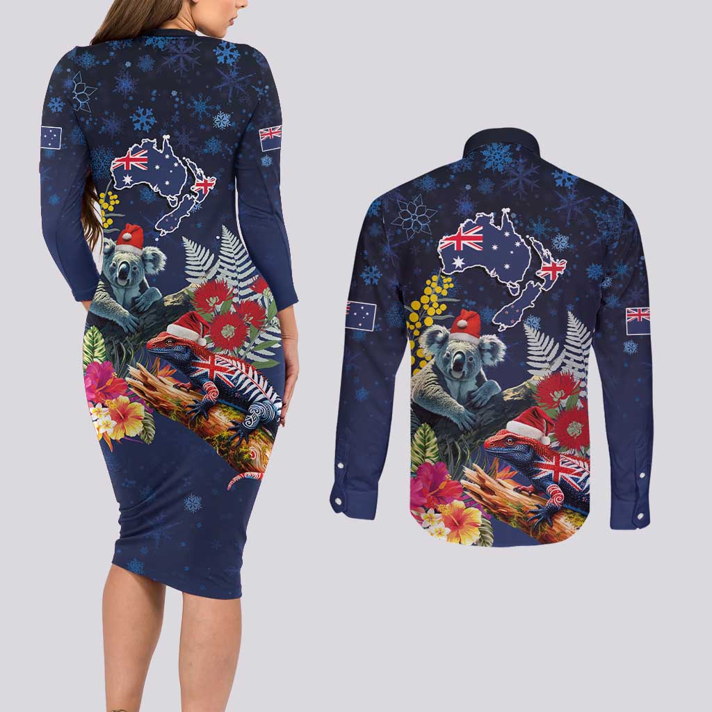 Australia and New Zealand Couples Matching Long Sleeve Bodycon Dress and Long Sleeve Button Shirt Merry Christmas-Tuatara and Koala with Plants Xmas Style