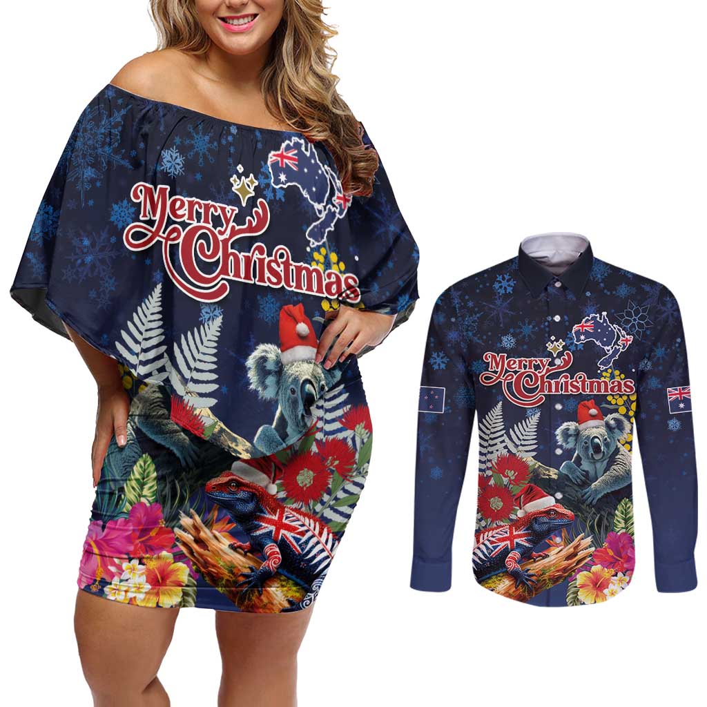 Australia and New Zealand Couples Matching Off Shoulder Short Dress and Long Sleeve Button Shirt Merry Christmas-Tuatara and Koala with Plants Xmas Style