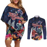 Australia and New Zealand Couples Matching Off Shoulder Short Dress and Long Sleeve Button Shirt Merry Christmas-Tuatara and Koala with Plants Xmas Style