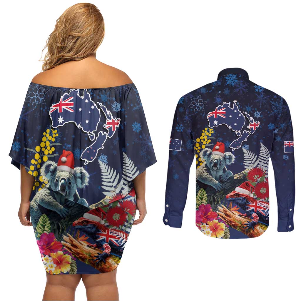 Australia and New Zealand Couples Matching Off Shoulder Short Dress and Long Sleeve Button Shirt Merry Christmas-Tuatara and Koala with Plants Xmas Style