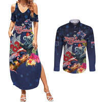 Australia and New Zealand Couples Matching Summer Maxi Dress and Long Sleeve Button Shirt Merry Christmas-Tuatara and Koala with Plants Xmas Style