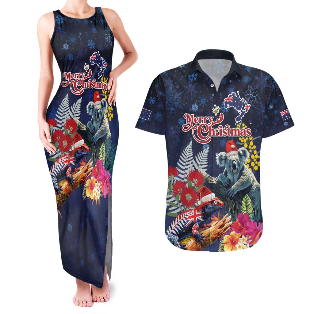 Australia and New Zealand Couples Matching Tank Maxi Dress and Hawaiian Shirt Merry Christmas-Tuatara and Koala with Plants Xmas Style
