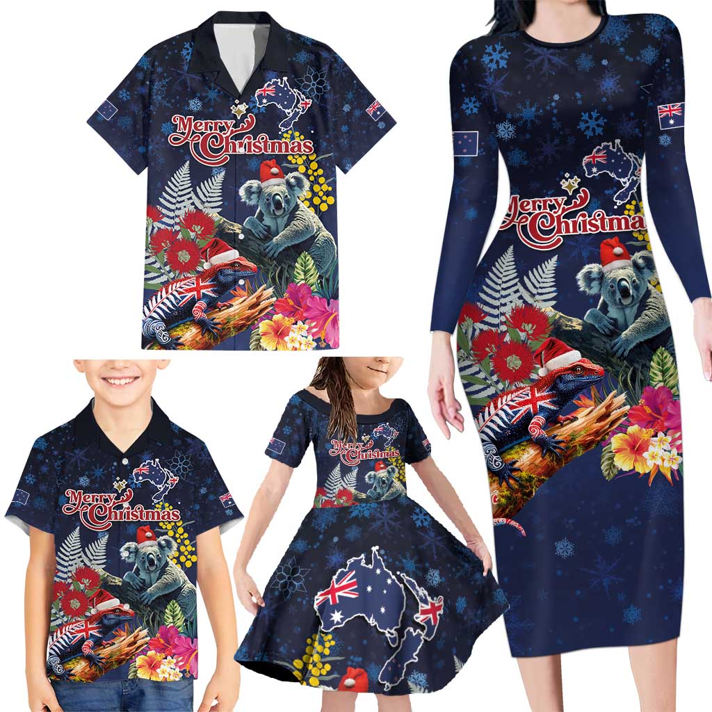 Australia and New Zealand Family Matching Long Sleeve Bodycon Dress and Hawaiian Shirt Merry Christmas-Tuatara and Koala with Plants Xmas Style