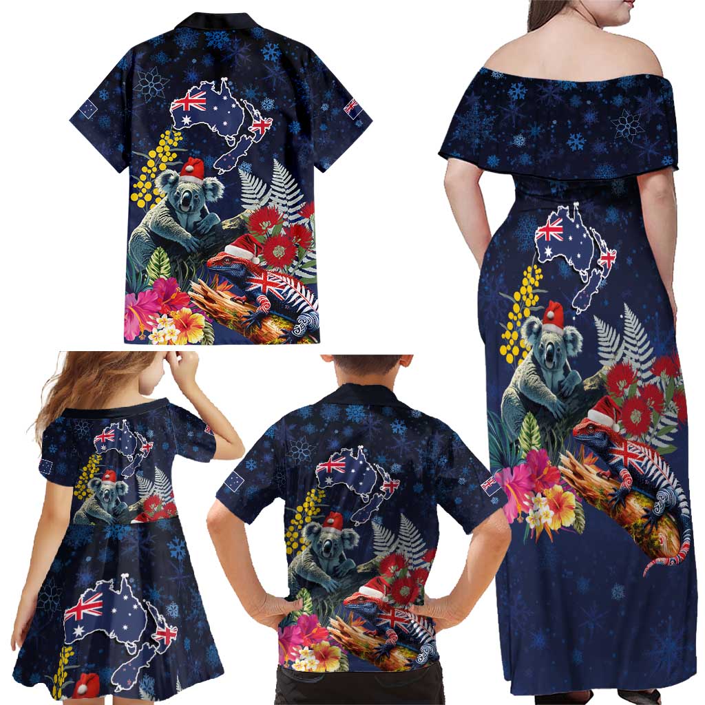 Australia and New Zealand Family Matching Off Shoulder Maxi Dress and Hawaiian Shirt Merry Christmas-Tuatara and Koala with Plants Xmas Style