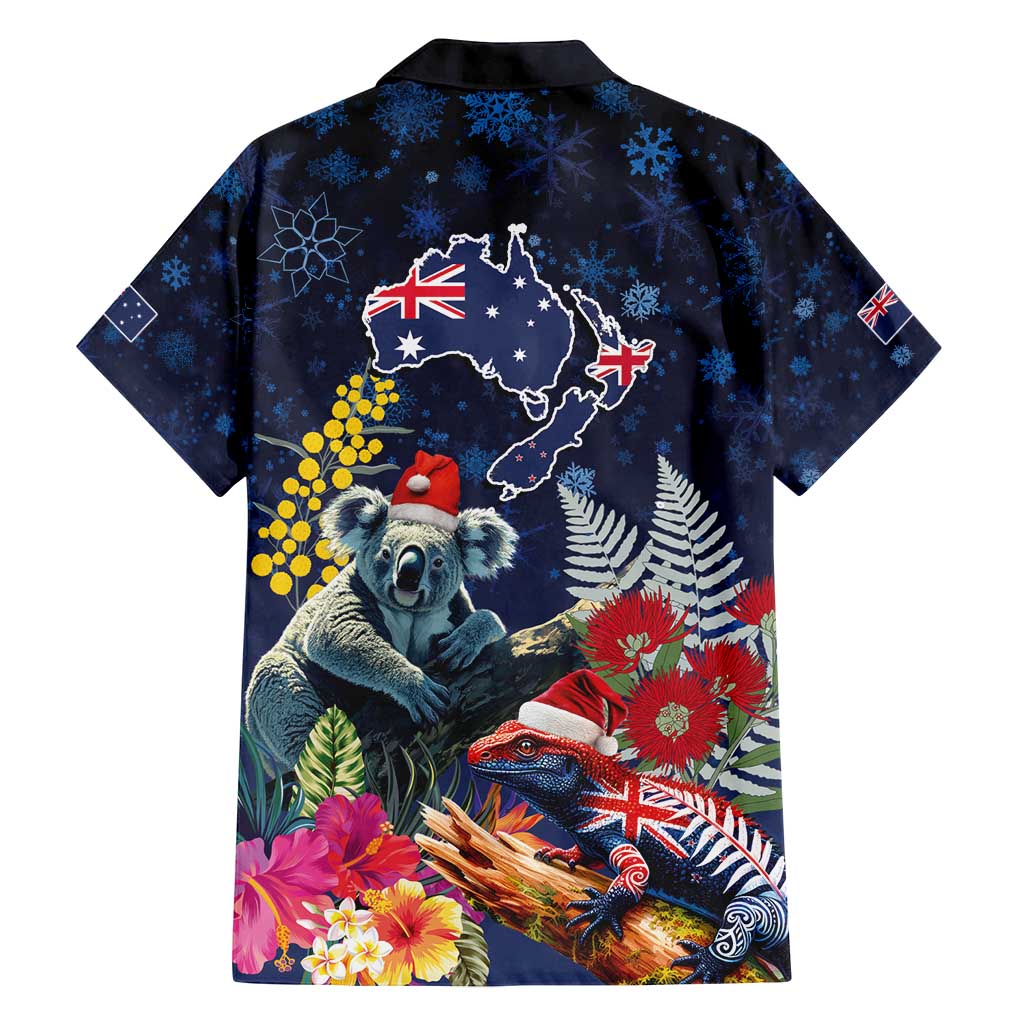 Australia and New Zealand Family Matching Off Shoulder Short Dress and Hawaiian Shirt Merry Christmas-Tuatara and Koala with Plants Xmas Style