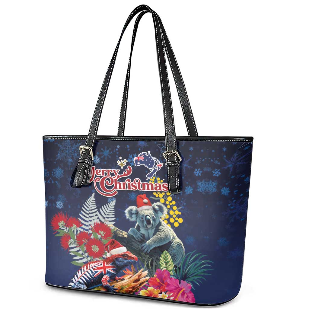 Australia and New Zealand Leather Tote Bag Merry Christmas-Tuatara and Koala with Plants Xmas Style