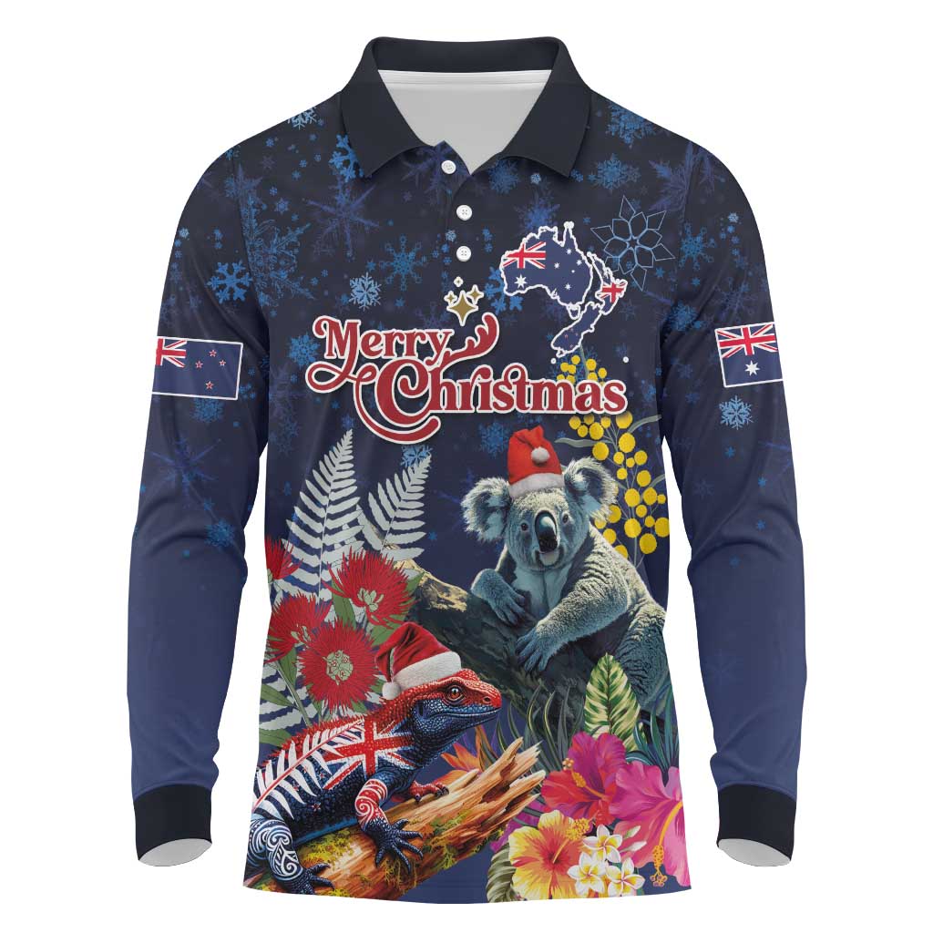 Australia and New Zealand Long Sleeve Polo Shirt Merry Christmas-Tuatara and Koala with Plants Xmas Style