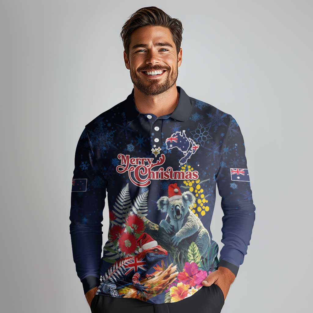 Australia and New Zealand Long Sleeve Polo Shirt Merry Christmas-Tuatara and Koala with Plants Xmas Style