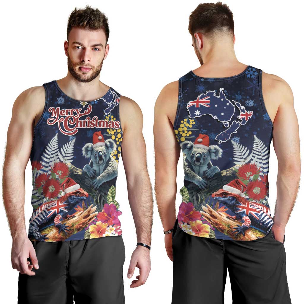 Australia and New Zealand Men Tank Top Merry Christmas-Tuatara and Koala with Plants Xmas Style