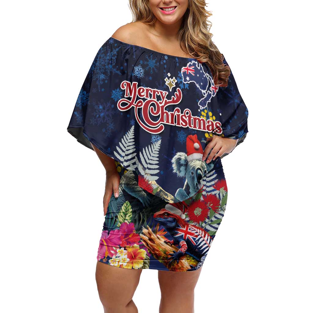 Australia and New Zealand Off Shoulder Short Dress Merry Christmas-Tuatara and Koala with Plants Xmas Style