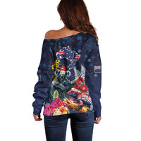 Australia and New Zealand Off Shoulder Sweater Merry Christmas-Tuatara and Koala with Plants Xmas Style