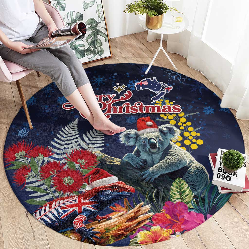 Australia and New Zealand Round Carpet Merry Christmas-Tuatara and Koala with Plants Xmas Style