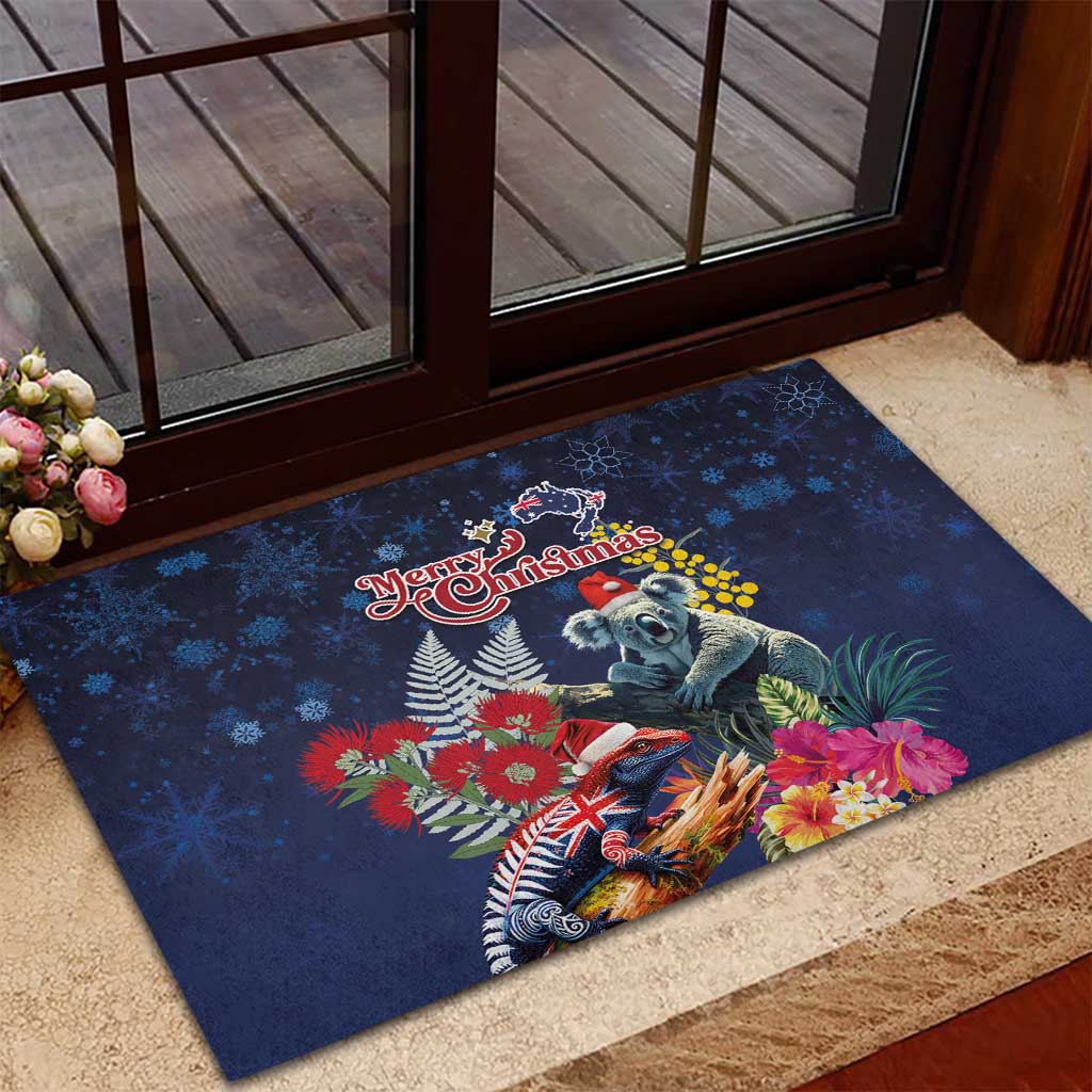 Australia and New Zealand Rubber Doormat Merry Christmas-Tuatara and Koala with Plants Xmas Style