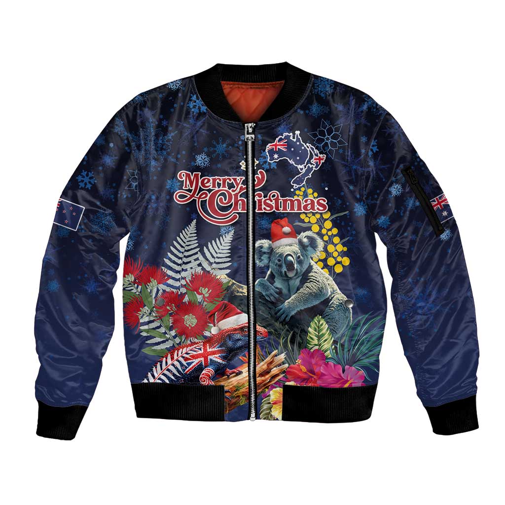 Australia and New Zealand Sleeve Zip Bomber Jacket Merry Christmas-Tuatara and Koala with Plants Xmas Style