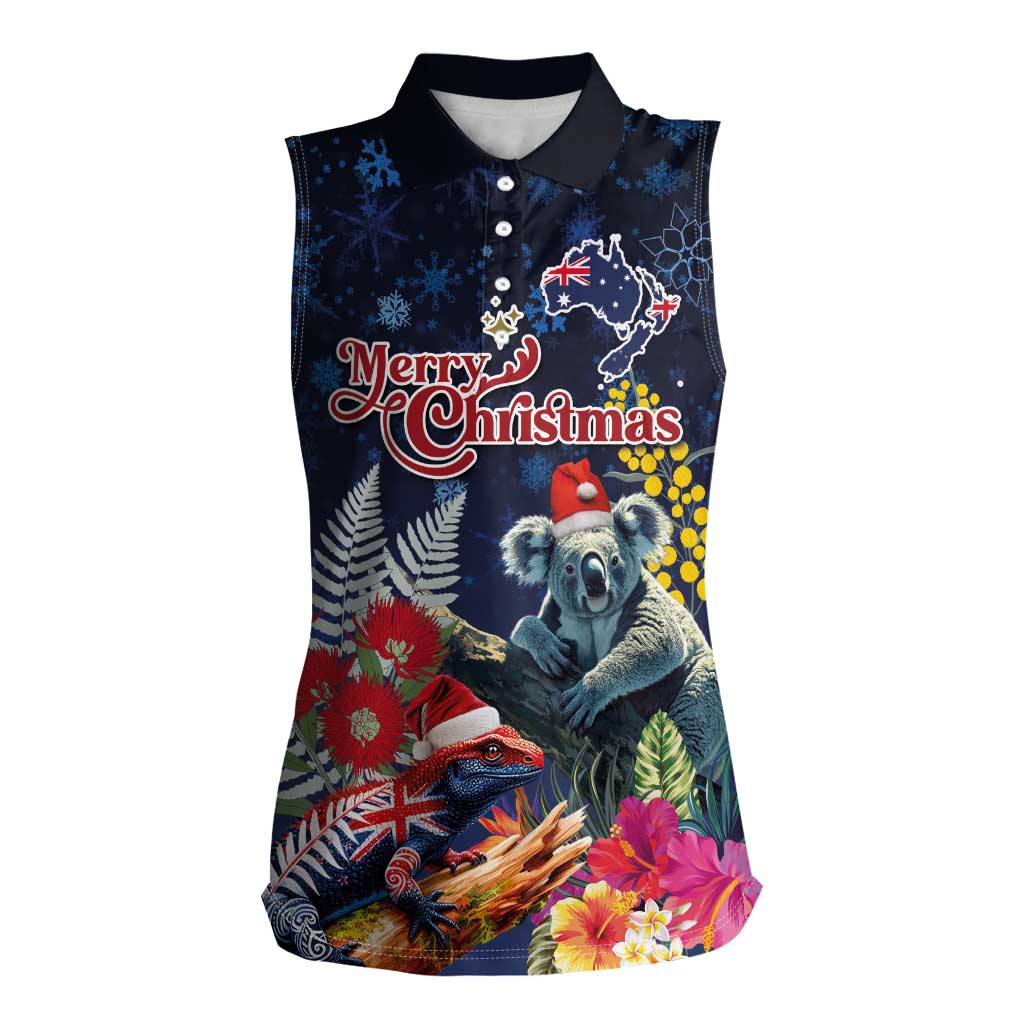 Australia and New Zealand Women Sleeveless Polo Shirt Merry Christmas-Tuatara and Koala with Plants Xmas Style