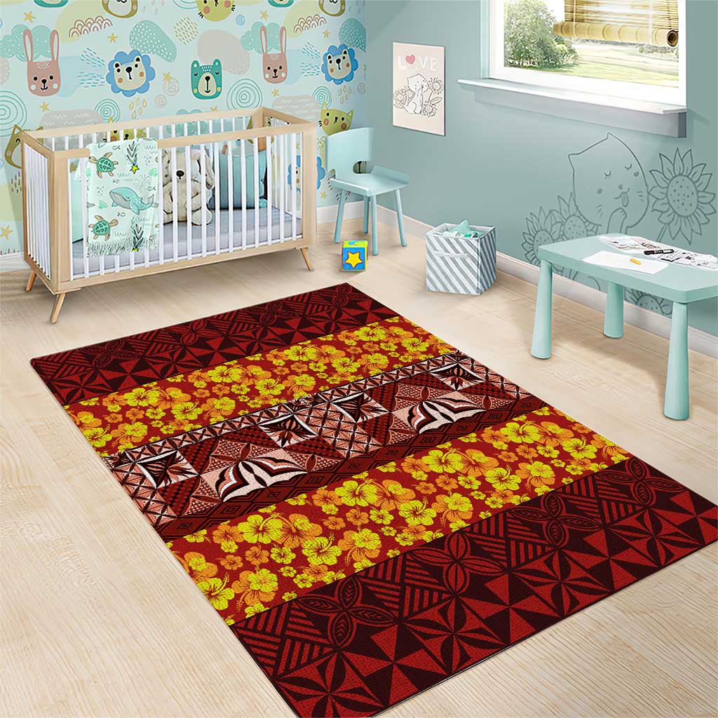 Samoa Siapo and Tapa Area Rug Pacific Tribal Pattern with Hibiscus Striped Style