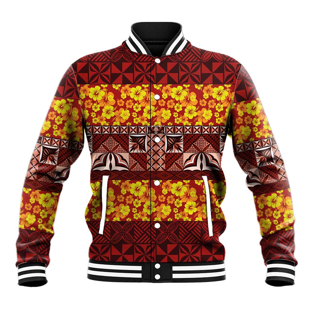 Samoa Siapo and Tapa Baseball Jacket Pacific Tribal Pattern with Hibiscus Striped Style LT03 Unisex Red - Polynesian Pride