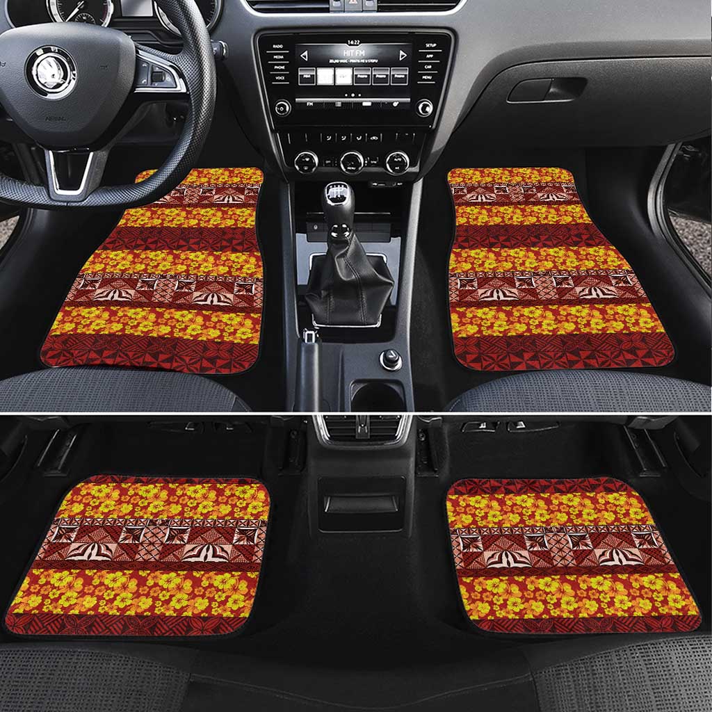 Samoa Siapo and Tapa Car Mats Pacific Tribal Pattern with Hibiscus Striped Style LT03 Set 4pcs Red - Polynesian Pride
