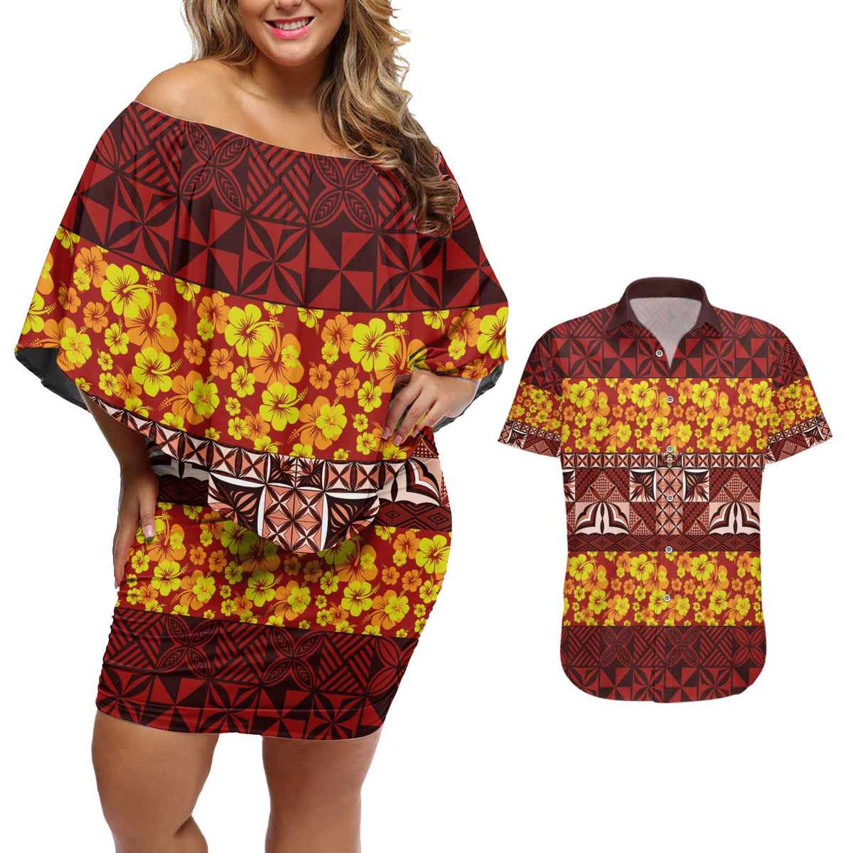 Samoa Siapo and Tapa Couples Matching Off Shoulder Short Dress and Hawaiian Shirt Pacific Tribal Pattern with Hibiscus Striped Style LT03 Red - Polynesian Pride