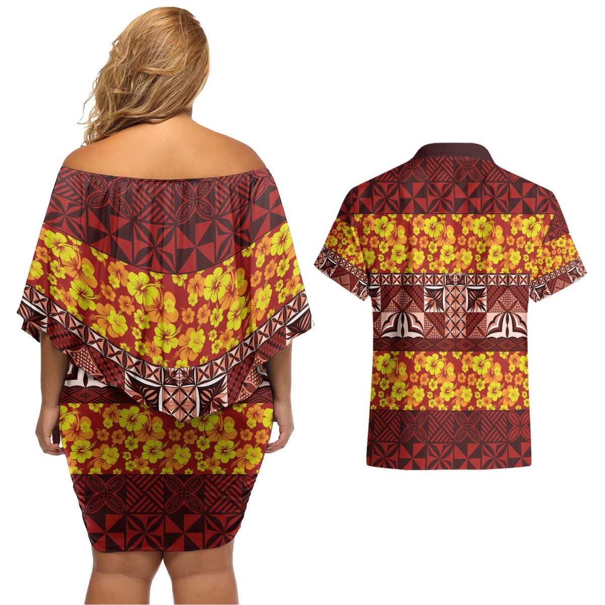 Samoa Siapo and Tapa Couples Matching Off Shoulder Short Dress and Hawaiian Shirt Pacific Tribal Pattern with Hibiscus Striped Style LT03 - Polynesian Pride