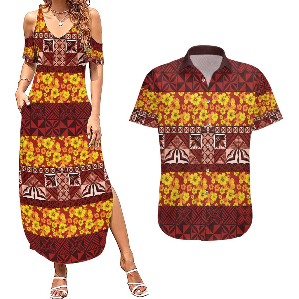 Samoa Siapo and Tapa Couples Matching Summer Maxi Dress and Hawaiian Shirt Pacific Tribal Pattern with Hibiscus Striped Style LT03 Red - Polynesian Pride