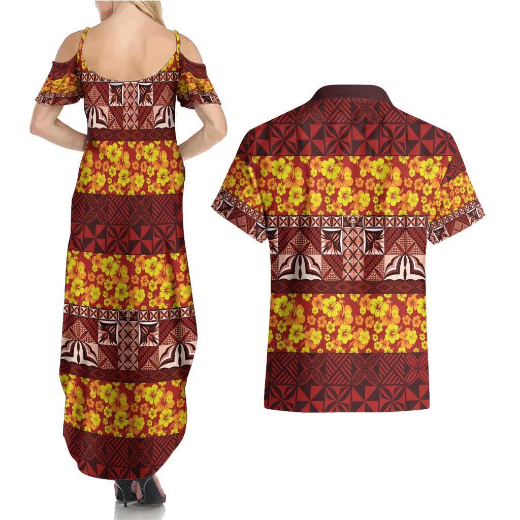 Samoa Siapo and Tapa Couples Matching Summer Maxi Dress and Hawaiian Shirt Pacific Tribal Pattern with Hibiscus Striped Style LT03 - Polynesian Pride