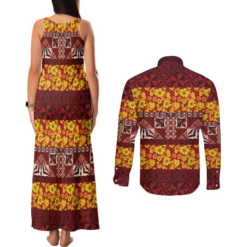 Samoa Siapo and Tapa Couples Matching Tank Maxi Dress and Long Sleeve Button Shirt Pacific Tribal Pattern with Hibiscus Striped Style