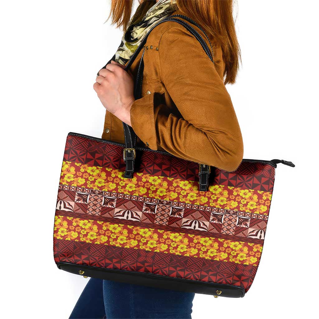 Samoa Siapo and Tapa Leather Tote Bag Pacific Tribal Pattern with Hibiscus Striped Style LT03 Red - Polynesian Pride
