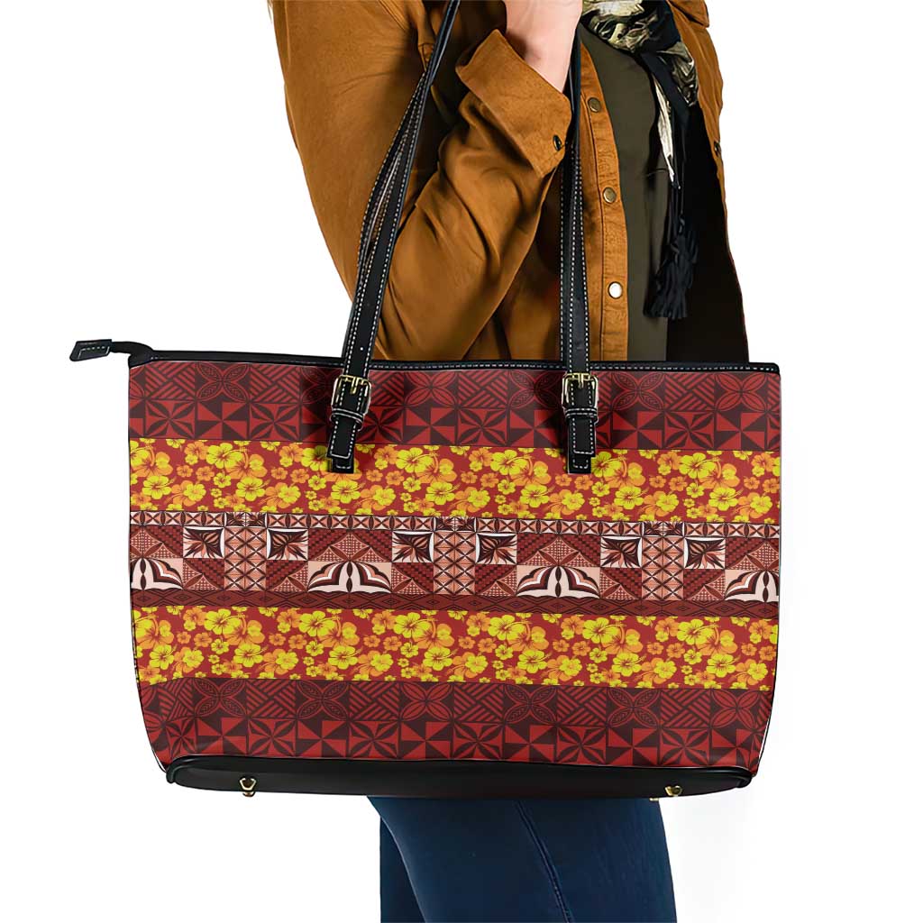 Samoa Siapo and Tapa Leather Tote Bag Pacific Tribal Pattern with Hibiscus Striped Style LT03 - Polynesian Pride
