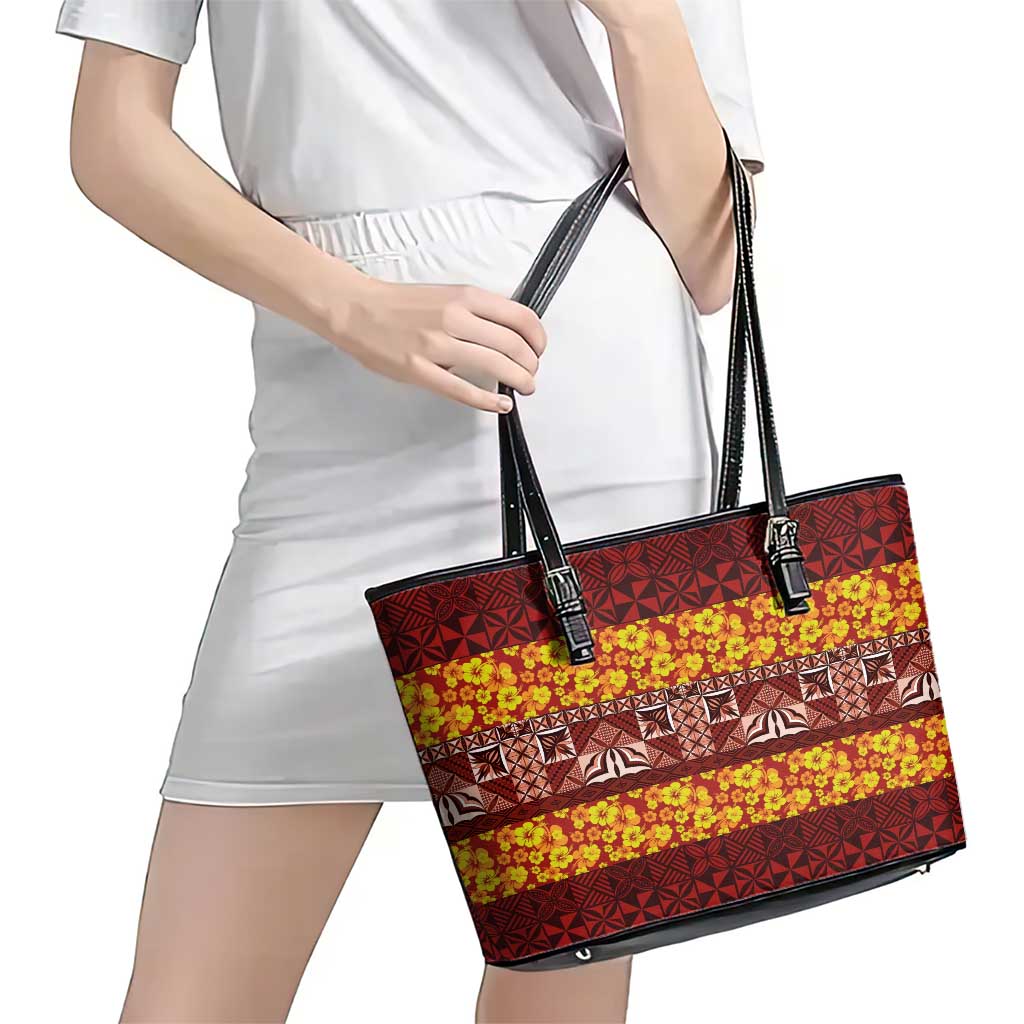 Samoa Siapo and Tapa Leather Tote Bag Pacific Tribal Pattern with Hibiscus Striped Style LT03 - Polynesian Pride