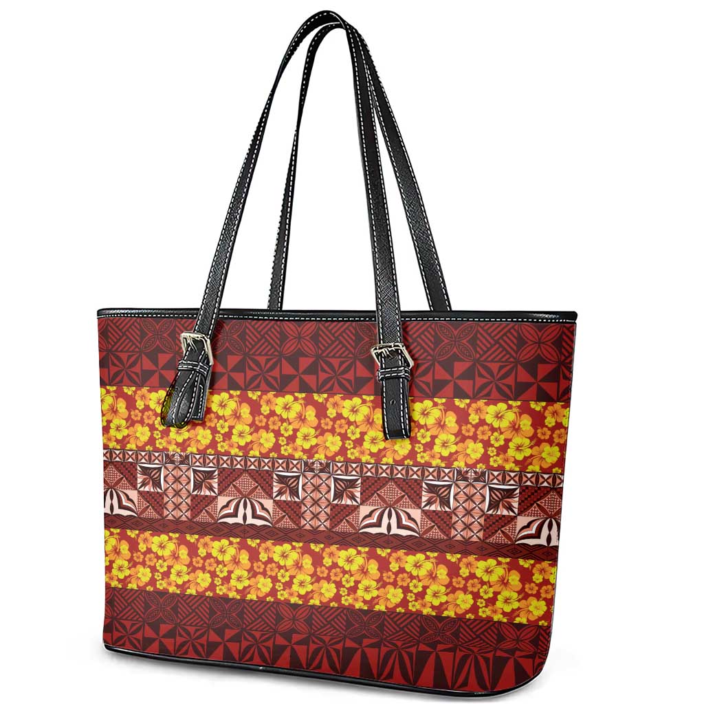 Samoa Siapo and Tapa Leather Tote Bag Pacific Tribal Pattern with Hibiscus Striped Style LT03 - Polynesian Pride