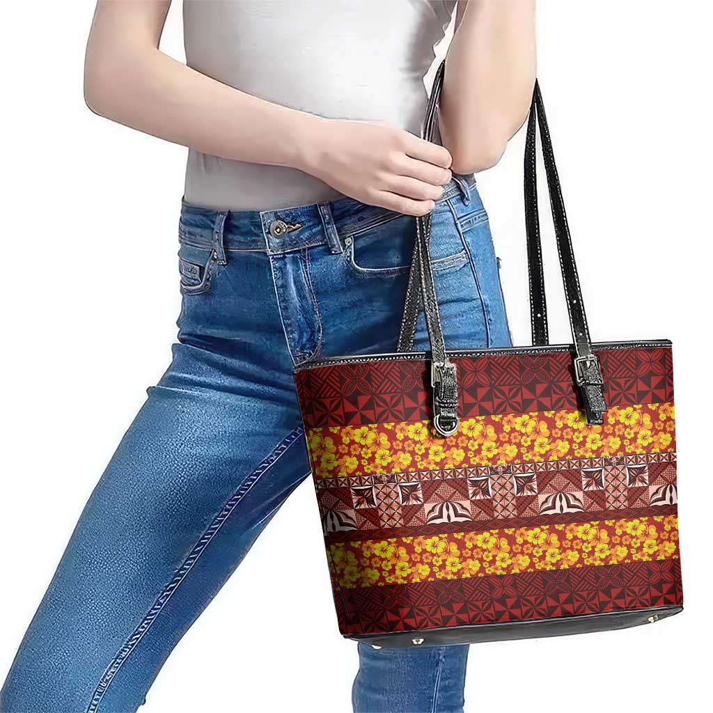 Samoa Siapo and Tapa Leather Tote Bag Pacific Tribal Pattern with Hibiscus Striped Style LT03 - Polynesian Pride
