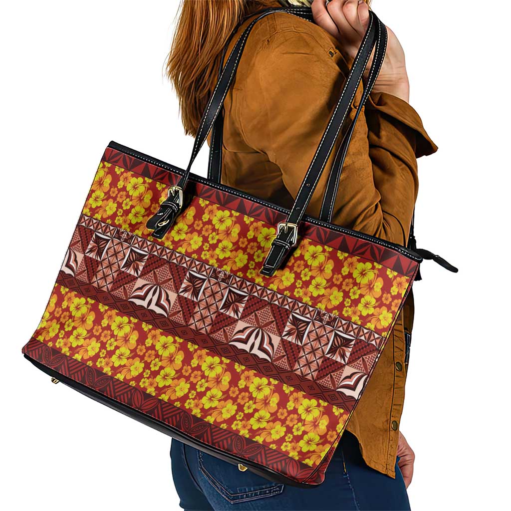 Samoa Siapo and Tapa Leather Tote Bag Pacific Tribal Pattern with Hibiscus Striped Style LT03 - Polynesian Pride
