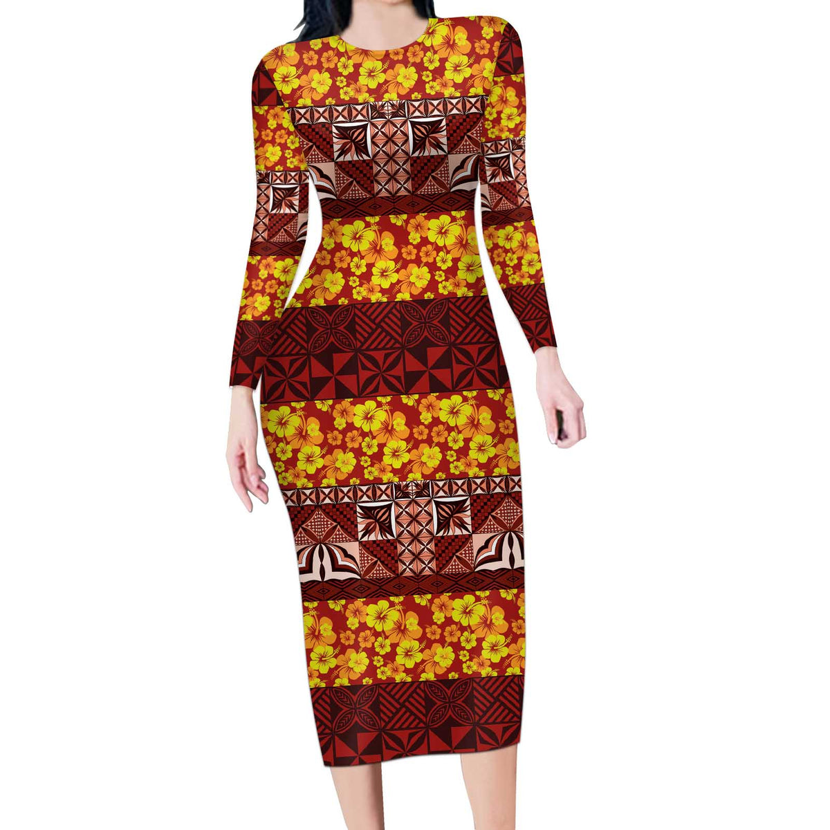 Samoa Siapo and Tapa Long Sleeve Bodycon Dress Pacific Tribal Pattern with Hibiscus Striped Style LT03 Long Dress Red - Polynesian Pride