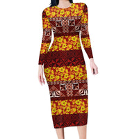 Samoa Siapo and Tapa Long Sleeve Bodycon Dress Pacific Tribal Pattern with Hibiscus Striped Style LT03 Long Dress Red - Polynesian Pride
