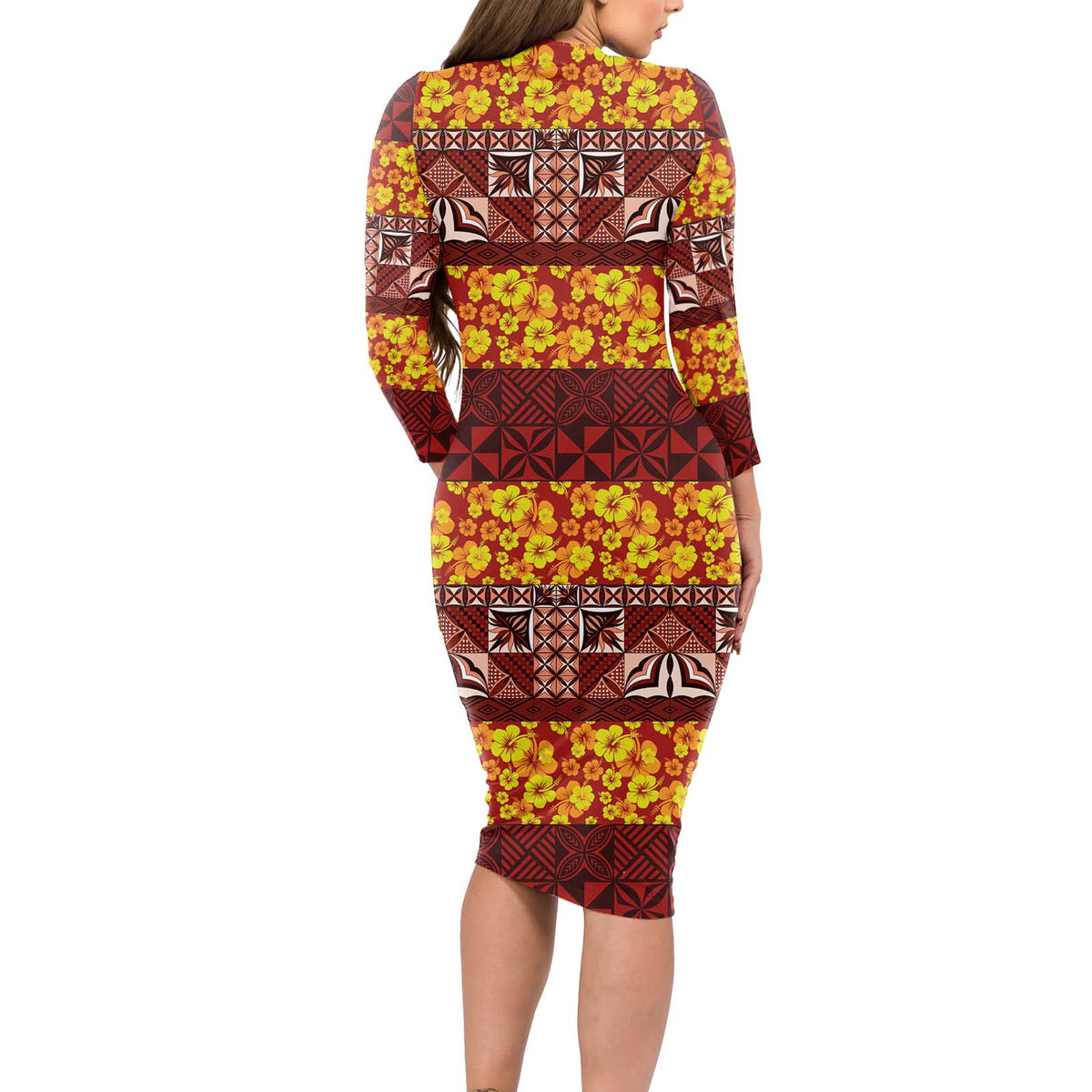 Samoa Siapo and Tapa Long Sleeve Bodycon Dress Pacific Tribal Pattern with Hibiscus Striped Style LT03 - Polynesian Pride
