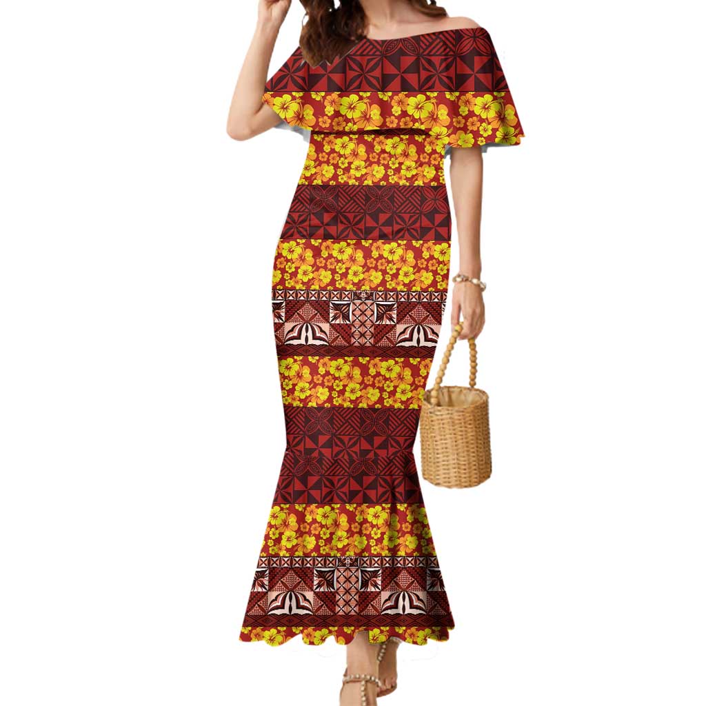 Samoa Siapo and Tapa Mermaid Dress Pacific Tribal Pattern with Hibiscus Striped Style LT03 Women Red - Polynesian Pride