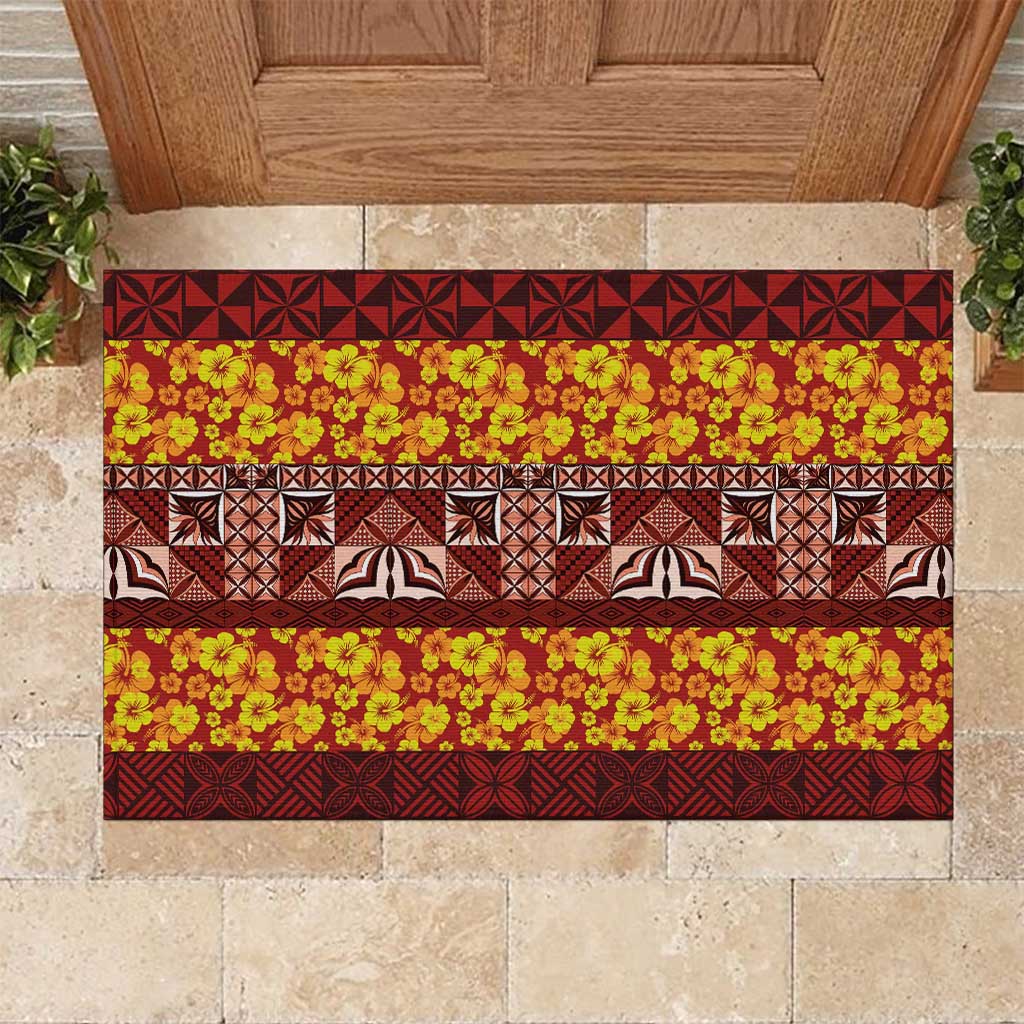 Samoa Siapo and Tapa Rubber Doormat Pacific Tribal Pattern with Hibiscus Striped Style LT03 Red - Polynesian Pride