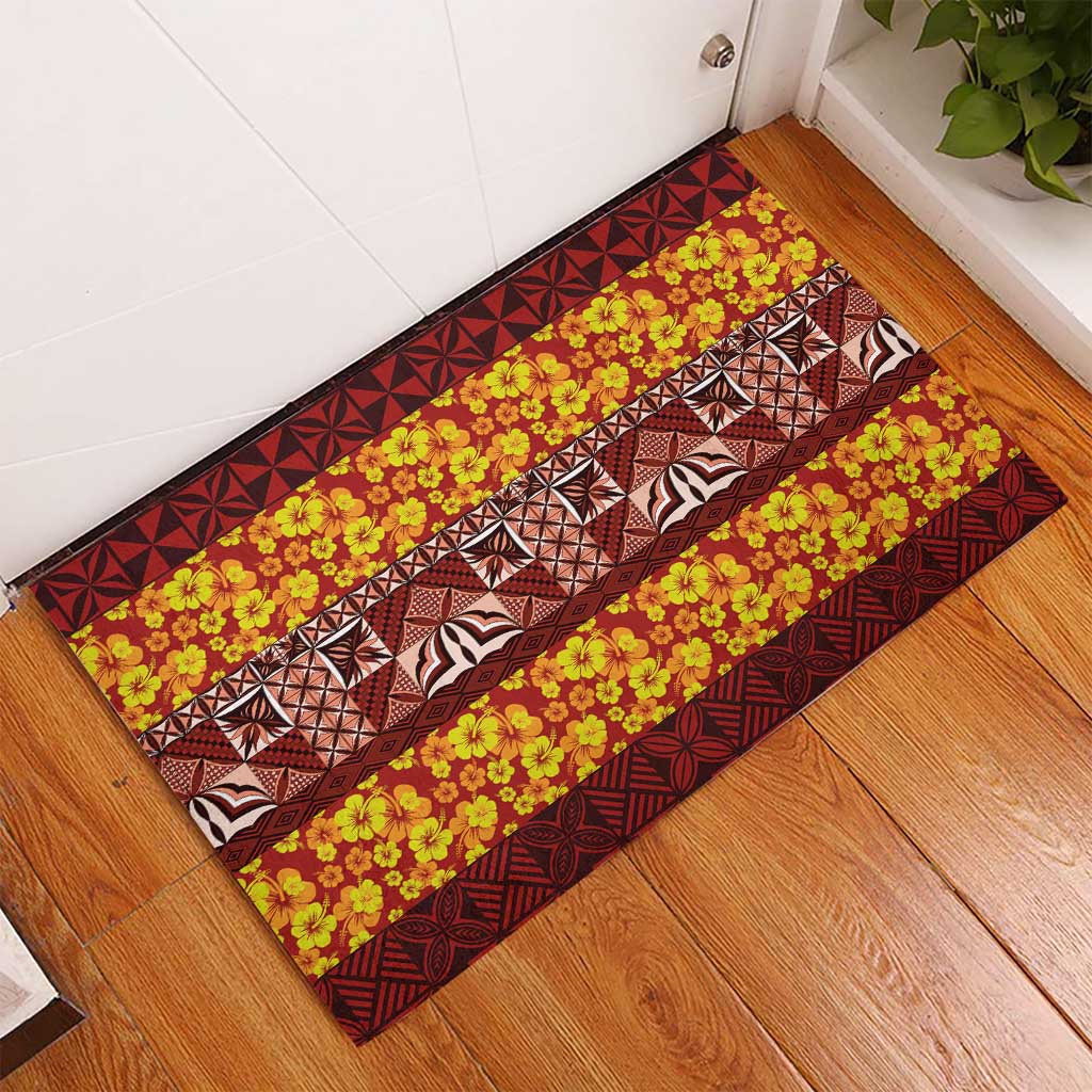 Samoa Siapo and Tapa Rubber Doormat Pacific Tribal Pattern with Hibiscus Striped Style LT03 - Polynesian Pride