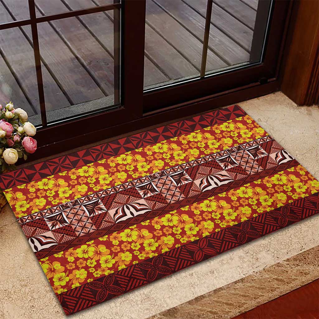 Samoa Siapo and Tapa Rubber Doormat Pacific Tribal Pattern with Hibiscus Striped Style LT03 - Polynesian Pride