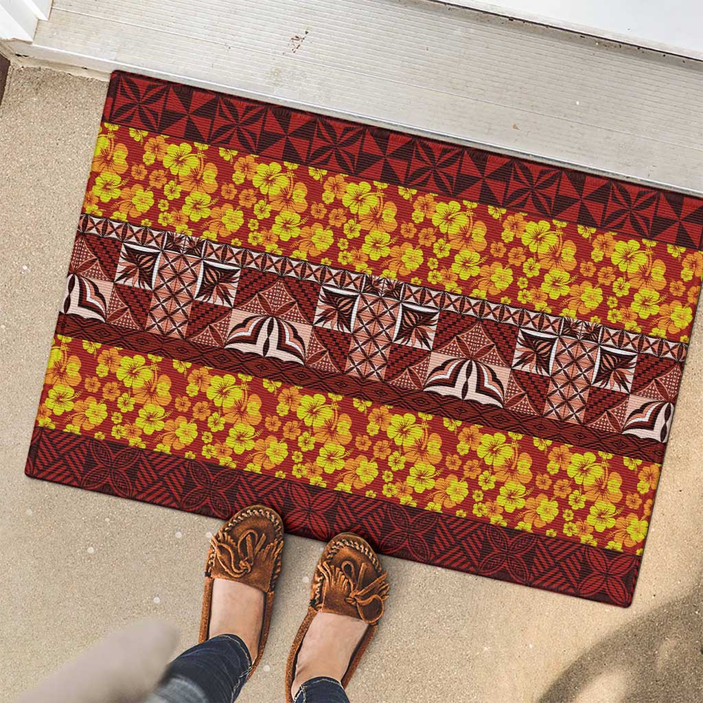 Samoa Siapo and Tapa Rubber Doormat Pacific Tribal Pattern with Hibiscus Striped Style LT03 - Polynesian Pride