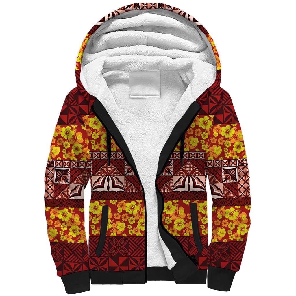 Samoa Siapo and Tapa Sherpa Hoodie Pacific Tribal Pattern with Hibiscus Striped Style LT03 Unisex Red - Polynesian Pride