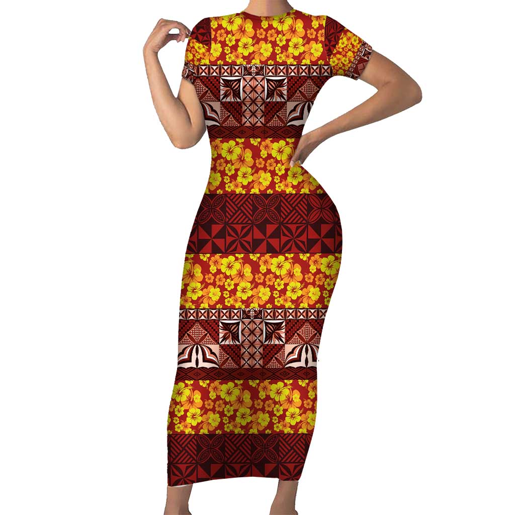 Samoa Siapo and Tapa Short Sleeve Bodycon Dress Pacific Tribal Pattern with Hibiscus Striped Style LT03 Long Dress Red - Polynesian Pride