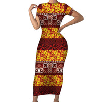 Samoa Siapo and Tapa Short Sleeve Bodycon Dress Pacific Tribal Pattern with Hibiscus Striped Style LT03 Long Dress Red - Polynesian Pride