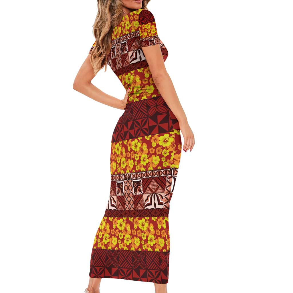 Samoa Siapo and Tapa Short Sleeve Bodycon Dress Pacific Tribal Pattern with Hibiscus Striped Style LT03 - Polynesian Pride