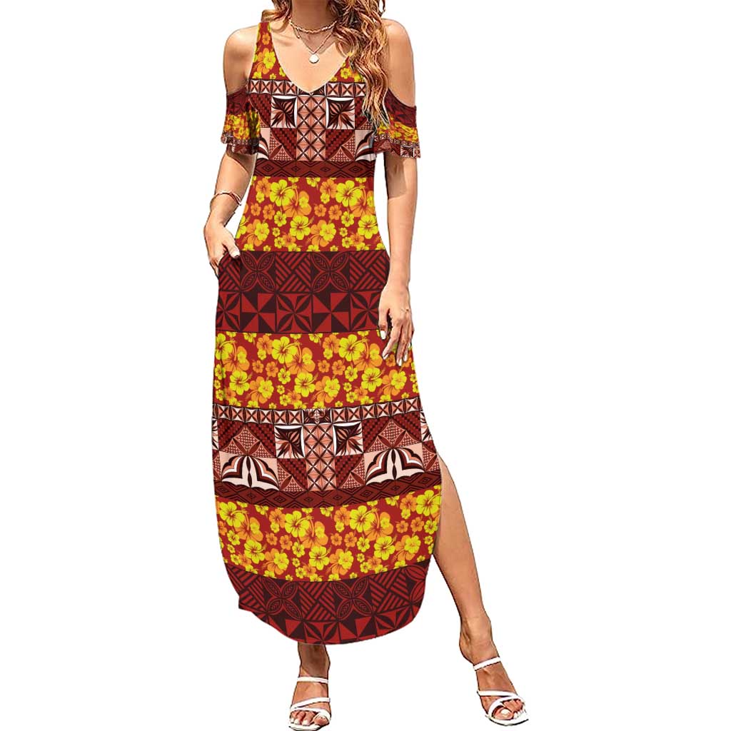 Samoa Siapo and Tapa Summer Maxi Dress Pacific Tribal Pattern with Hibiscus Striped Style LT03 Women Red - Polynesian Pride