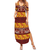 Samoa Siapo and Tapa Summer Maxi Dress Pacific Tribal Pattern with Hibiscus Striped Style LT03 Women Red - Polynesian Pride
