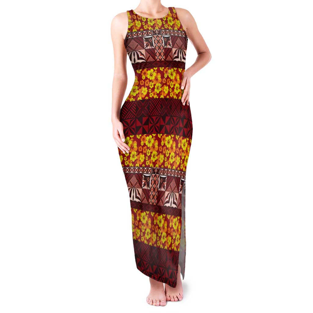Samoa Siapo and Tapa Tank Maxi Dress Pacific Tribal Pattern with Hibiscus Striped Style LT03 Women Red - Polynesian Pride