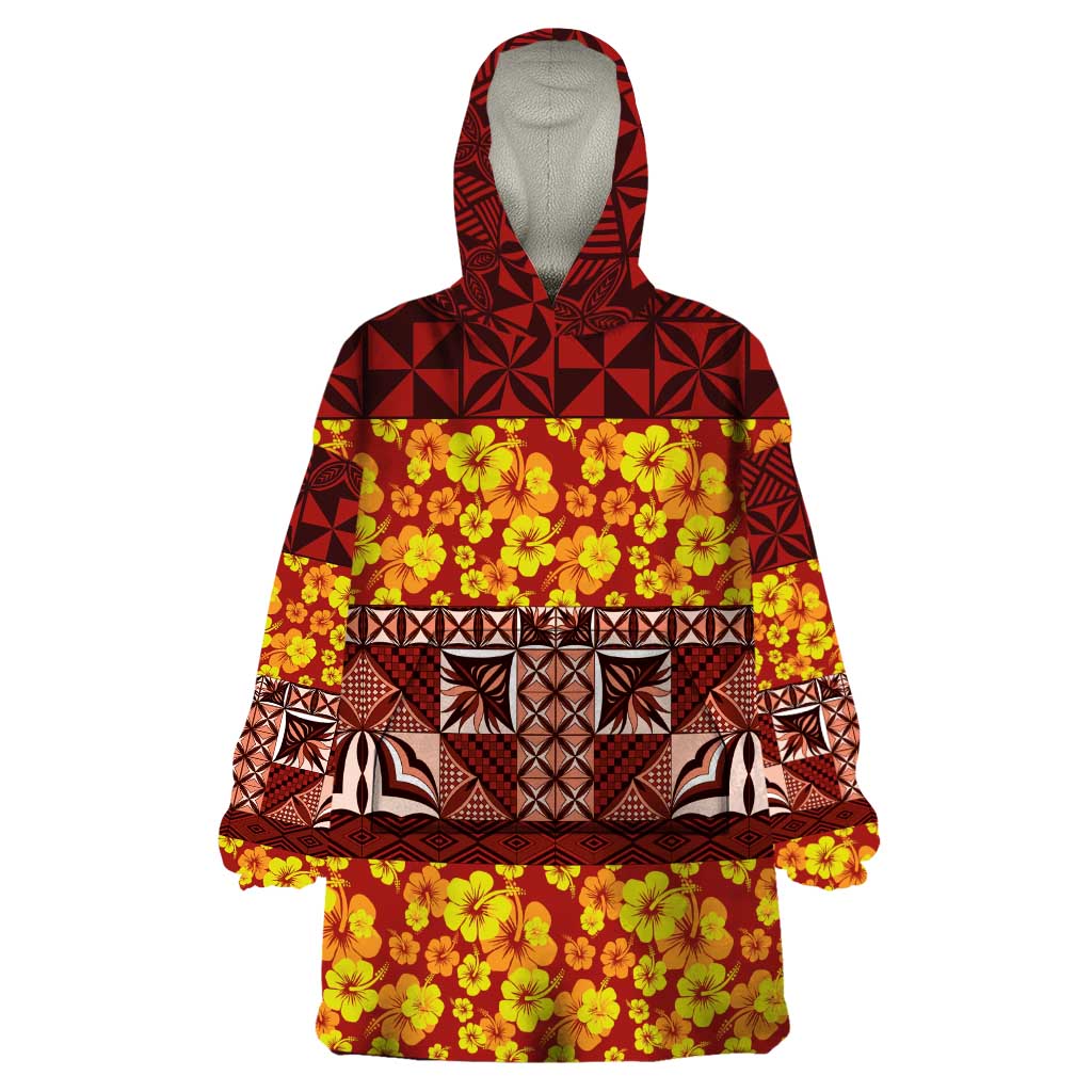 Samoa Siapo and Tapa Wearable Blanket Hoodie Pacific Tribal Pattern with Hibiscus Striped Style LT03 One Size Red - Polynesian Pride
