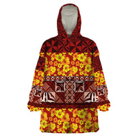 Samoa Siapo and Tapa Wearable Blanket Hoodie Pacific Tribal Pattern with Hibiscus Striped Style LT03 One Size Red - Polynesian Pride